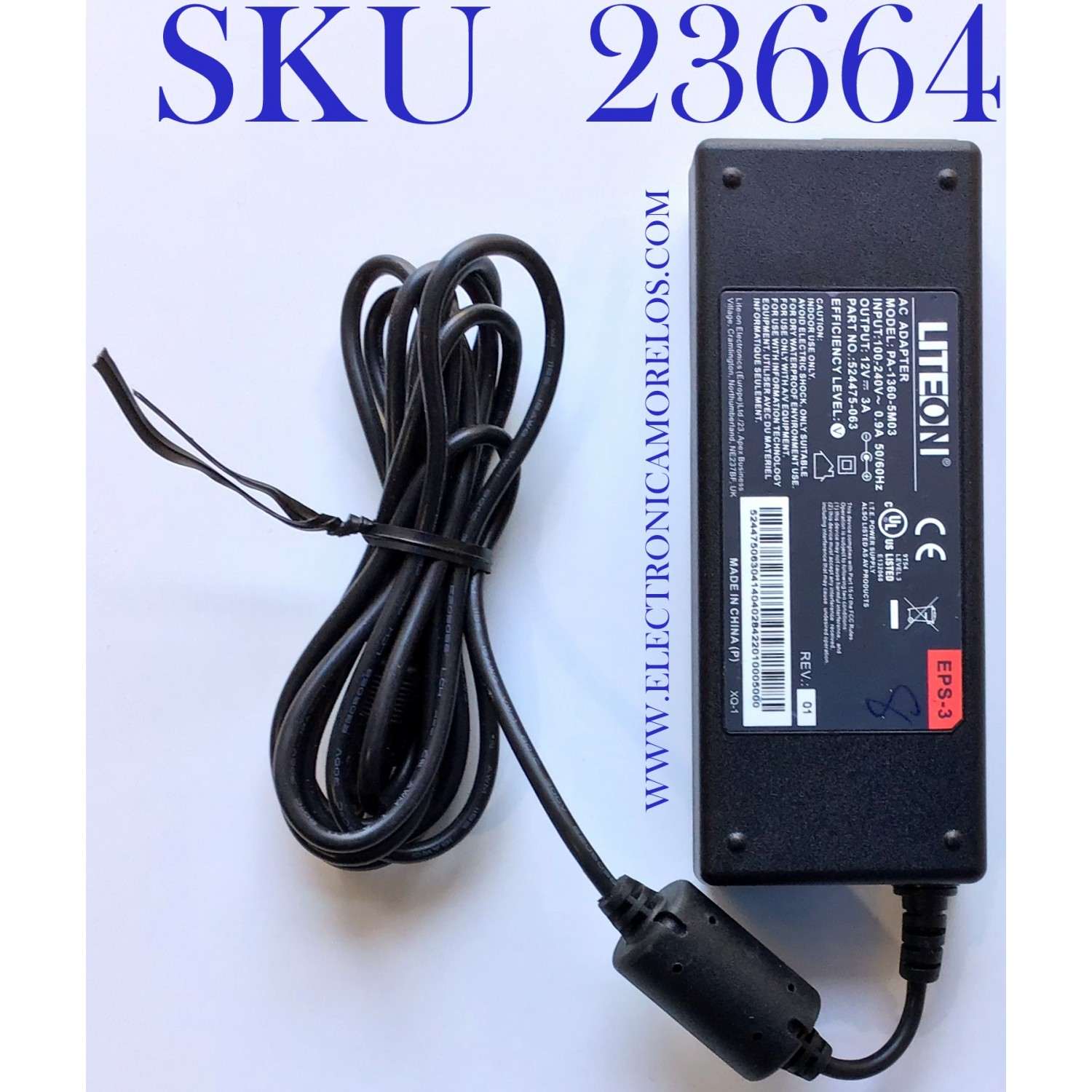 ADAPTADOR LITEON VCA EPS-3 / NUMERO DE PARTE 524475-063 / MODELO PA-1360-5M03 / ENTRADA VCA 100-240V～50-60Hz / SALIDA VCD 12V-3A 	